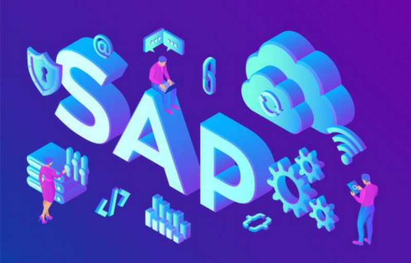 SAP illustration made up of modern computing icons (clouds, cogs, shields, signal bars, paper clips etc.)